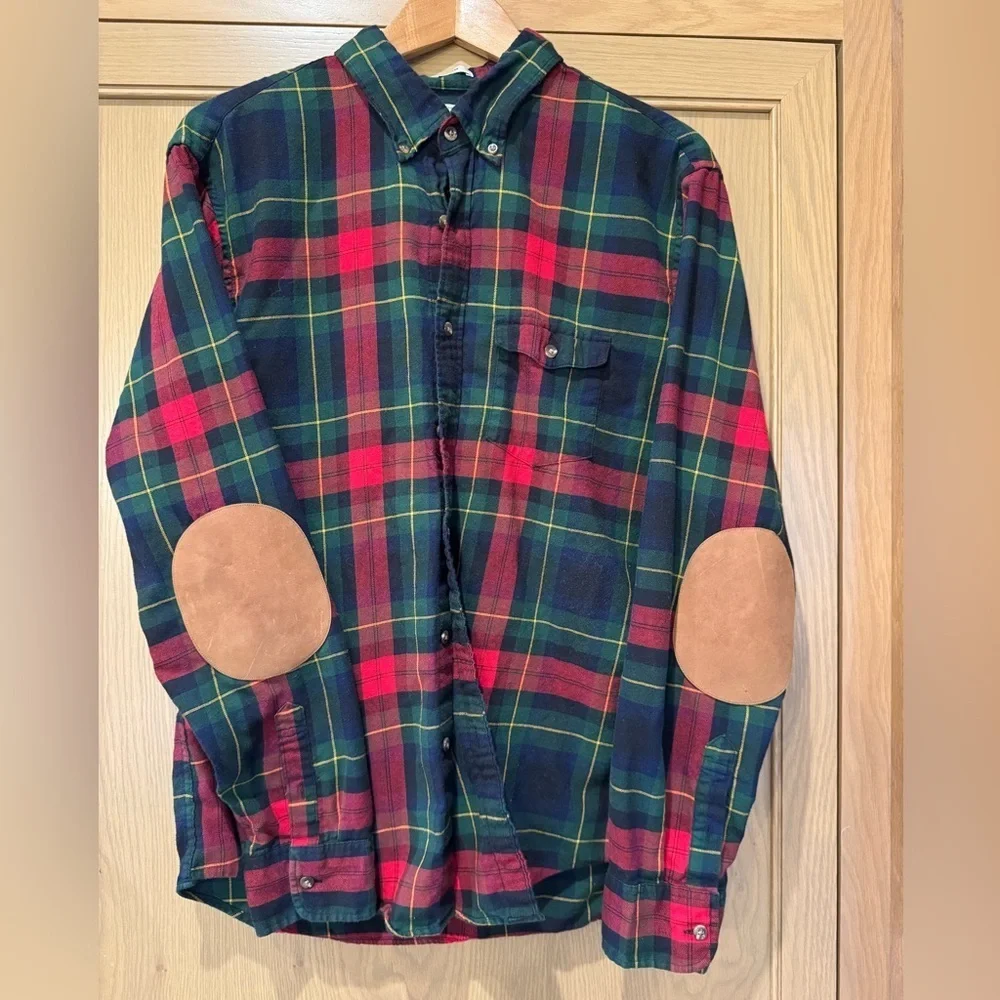 J. Crew Plaid Button Down Elbow Patches Cotton/Wool Flannel Holiday Large Slim